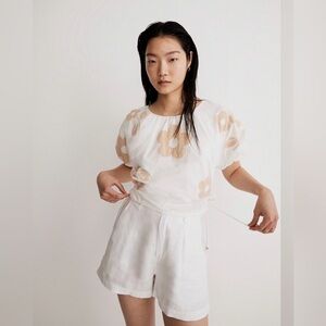 Madewell Embroidered Poplin Puff-Sleeve Cutout Crop Top